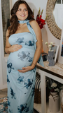 Chic-Blue Print Ruched Fitted Baby Shower Maternity Maxi Dress