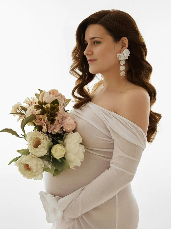 Bumplook White Petal Drop Earrings For Baby Shower Maternity Photoshoot