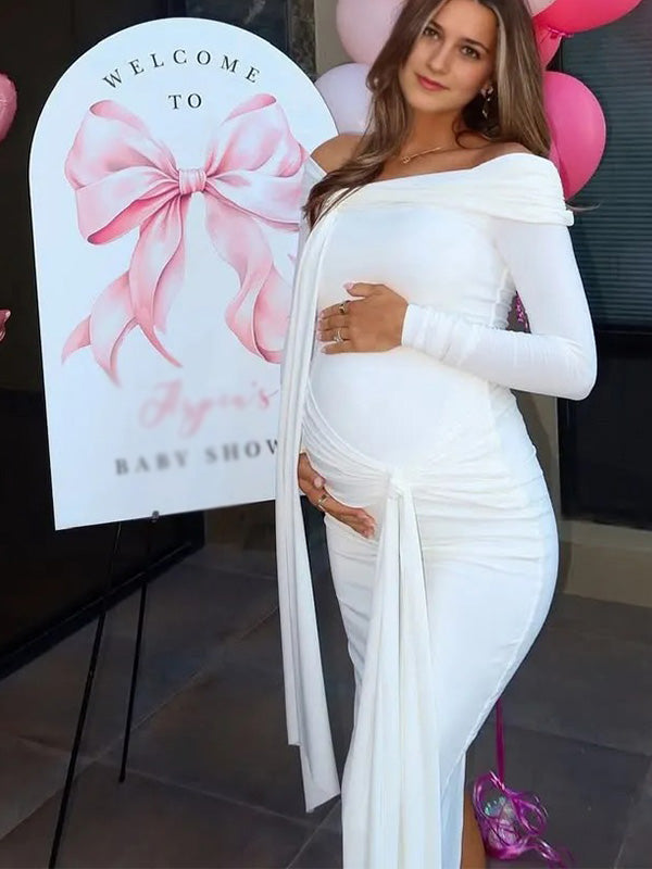 Chic- White Bodycon Off-the-Shoulder Tie-Detail Long-Sleeve Maternity Maxi Dress