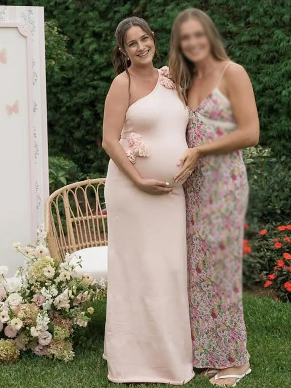 Chic-Pink Slim Fit One-shoulder 3D Flowers Maternity Maxi Dress