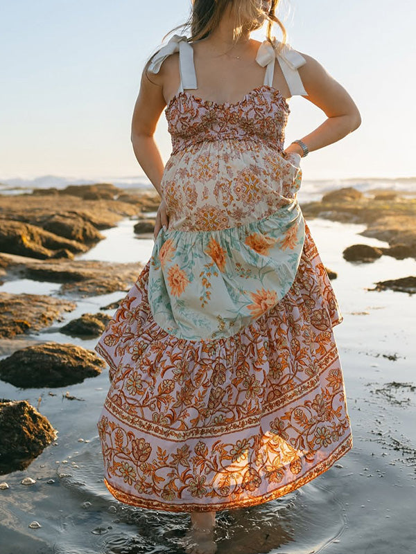 Casualwear- Vintage Floral Backless Baby Shower Photoshoot Maternity Maxi Dress