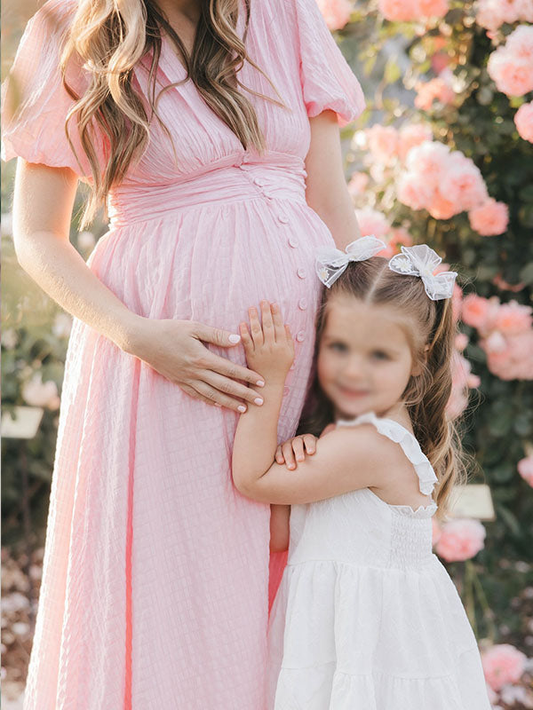 Casualwear-Puff Sleeve Linen Maternity Maxi Dress