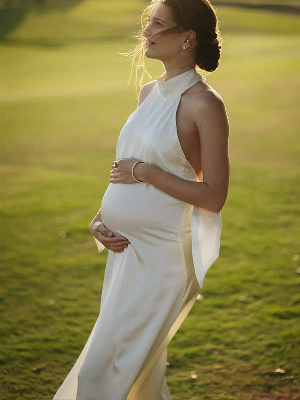 Chic-White Halter Tie-Back Maternity Maxi Dress