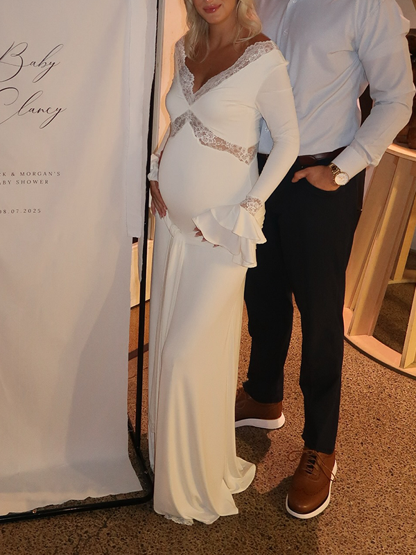 Chic- Lace Splicing V-Neck Sash Party Maternity Maxi Dress