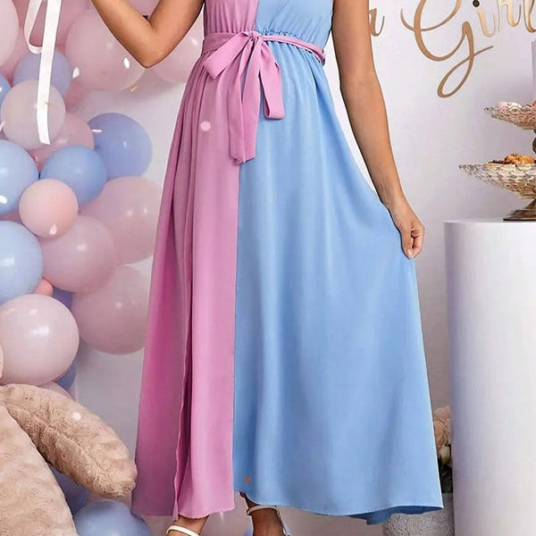 Casualwear-Blue-pink Colorblock Gender Reveal Maternity Dress