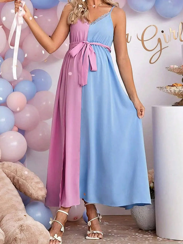 Casualwear-Blue-pink Colorblock Gender Reveal Maternity Dress