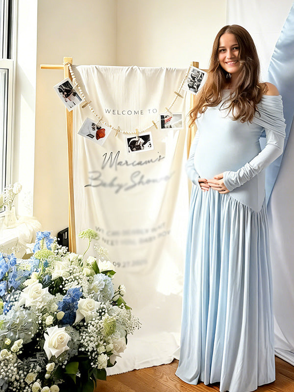 Chic-Light Blue Off-Shoulder Ruffled Asymmetrical Maternity Maxi Dress