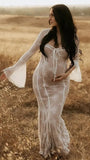 Lace-  White Slim Fit Square Neck Long Sleeves Maternity Photography Dress