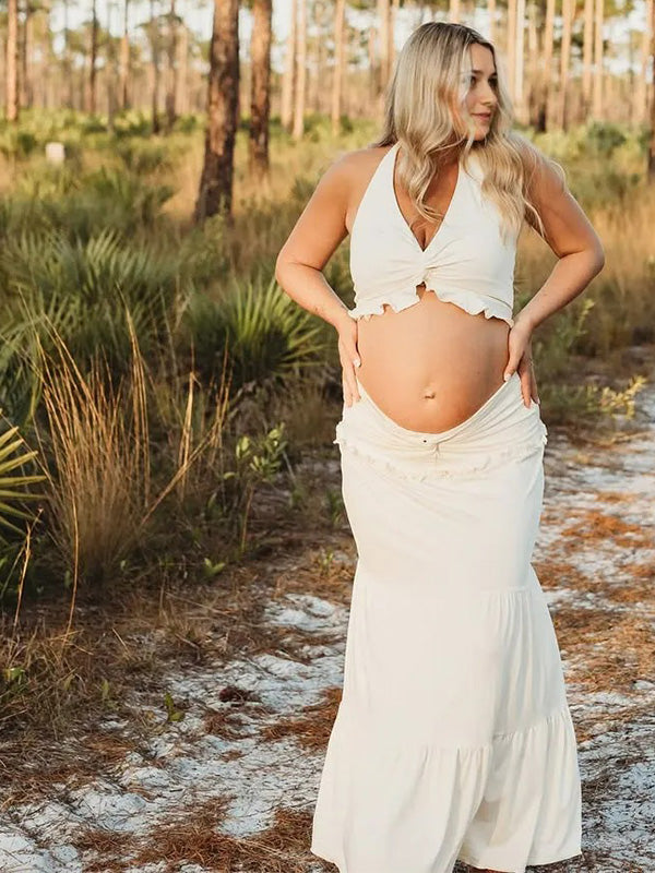 Crop-2-Piece Halter Maternity Maxi Dress
