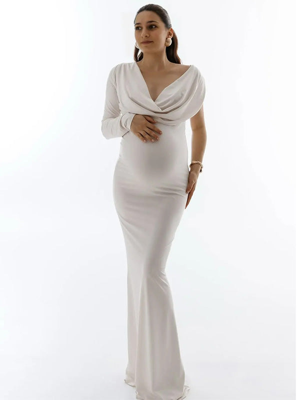 Chic- White Draped Cowl Neck Tie-Back Maternity Maxi Dress