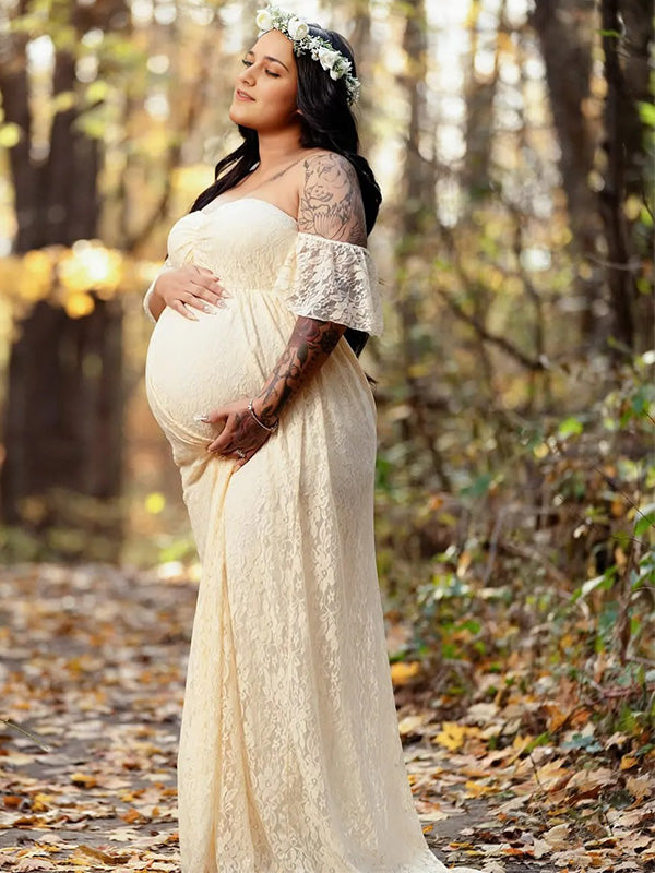Lace- Boho Ruffle Cap Sleeve Maternity Shoot Maxi Dress