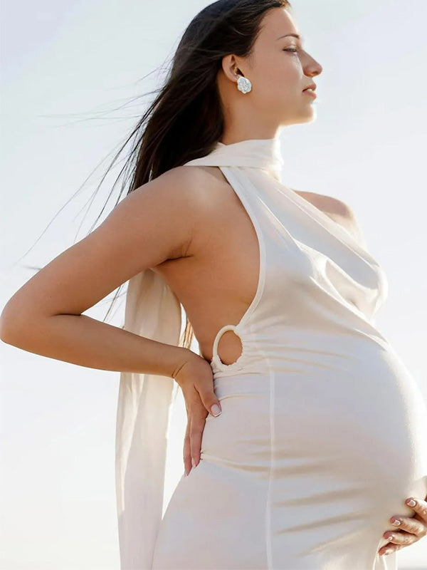 Chic- Bodycon Backless Ruched Maternity Phootshoot Maxi Dress