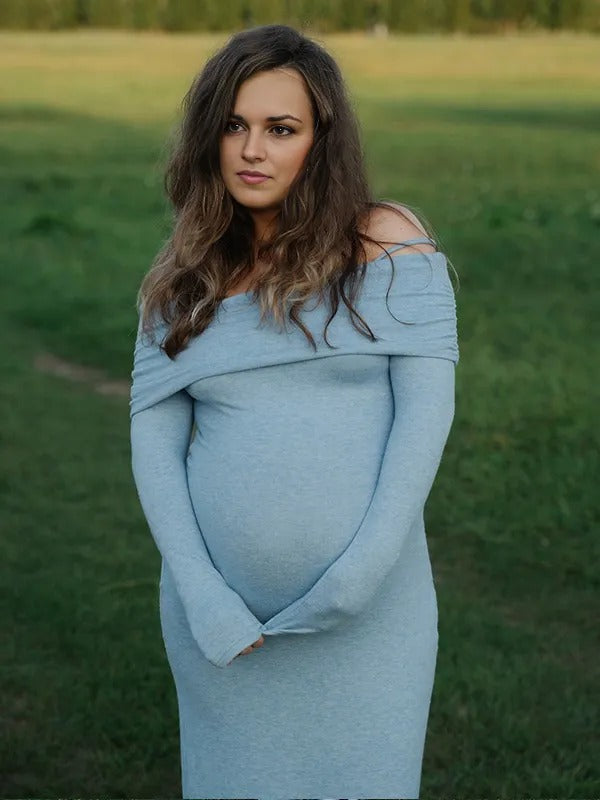Chic- Off Shoulder Backless Bodycon Long Sleeve Maternity Maxi Dress