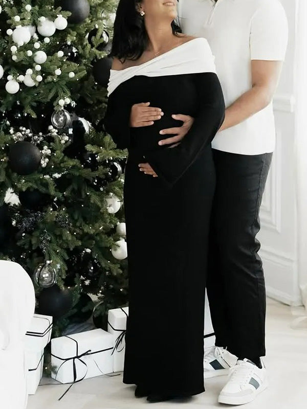 Chic-White and Black Off Shoulder Contrast Fold Maternity Maxi Dress