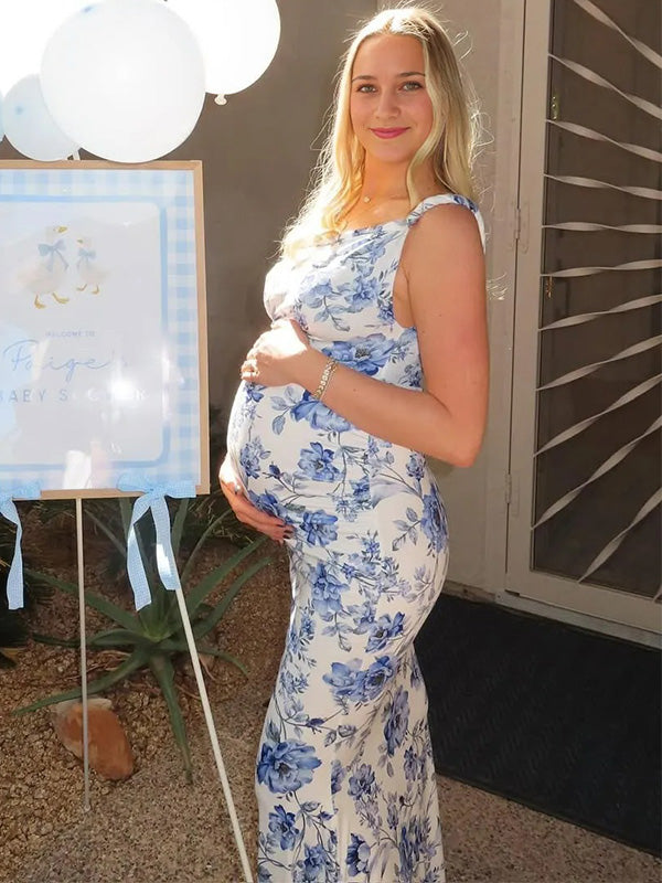 Casualwear- Bodycon Off-Shoulder Ruffle-Hem Printed Maternity Dress