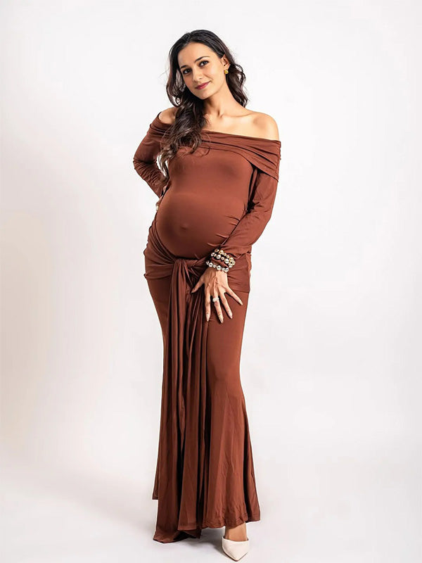Chic- Bodycon Off Shoulder Long Sleeves Maternity Phootshoot Maxi Dress