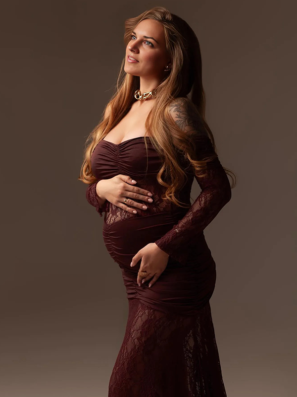 Lace- Off Shoulder Ruched Sheer Maternity Maxi Dress