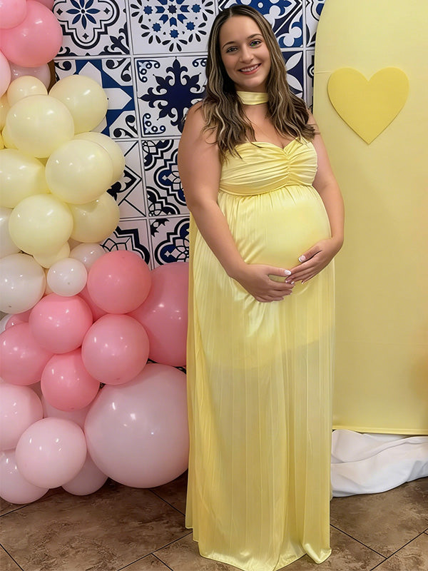 Chic-Light Yellow Off-Shoulder Pleated Maternity Maxi Dress