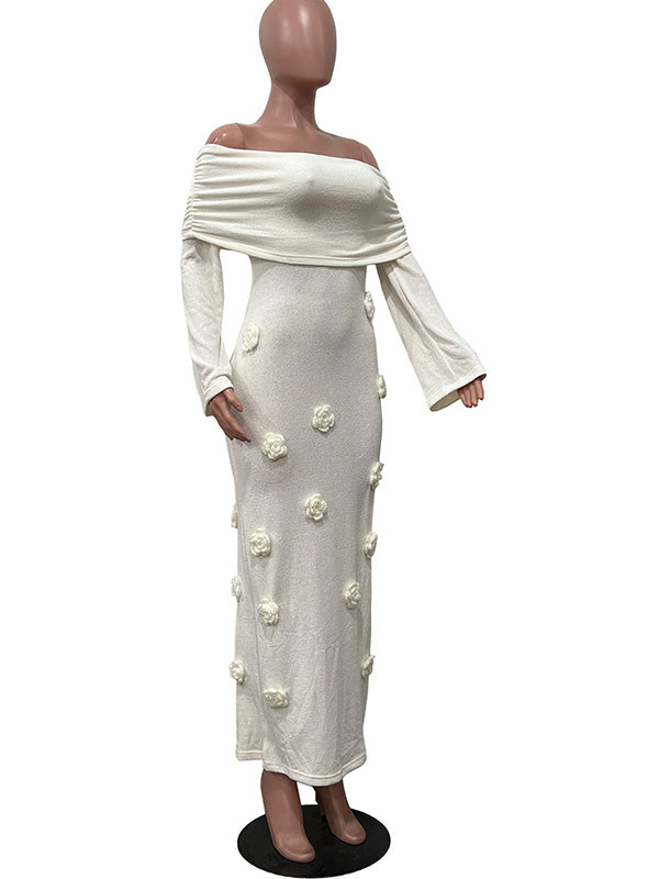 Chic-White Off-Shoulder 3D Floral Long-Sleeve Knit Maternity Maxi Dress