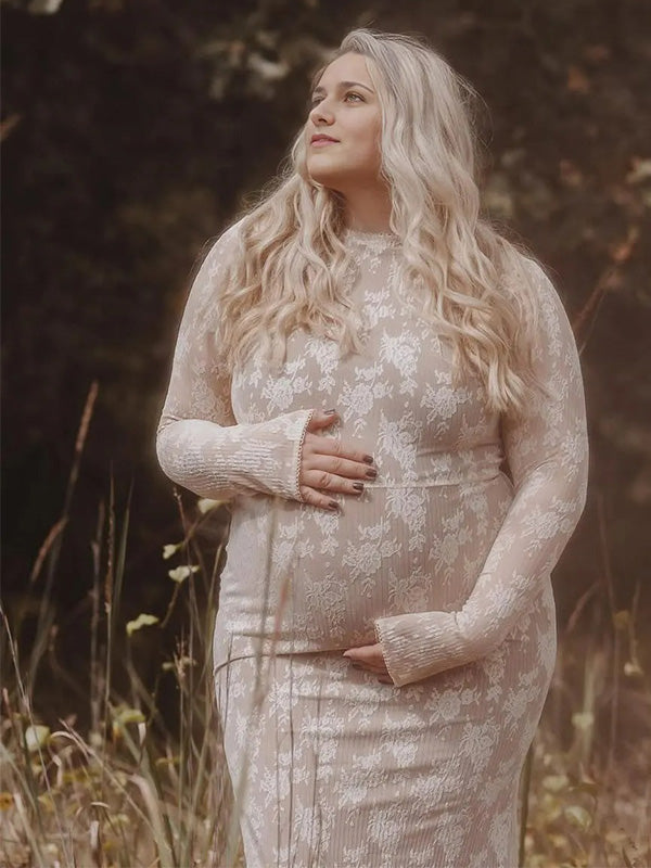 Lace-Long Sleeve Floral Mermaid Bodycon Maternity Maxi Dress