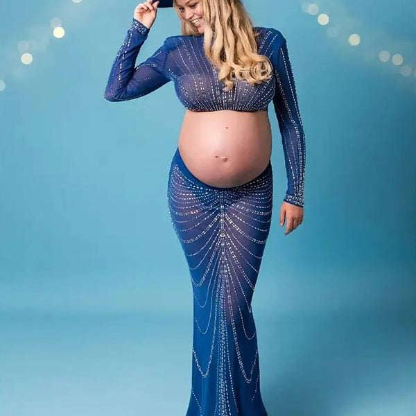Crop-Mesh Sheer Photoshoot Maternity Maxi Dress