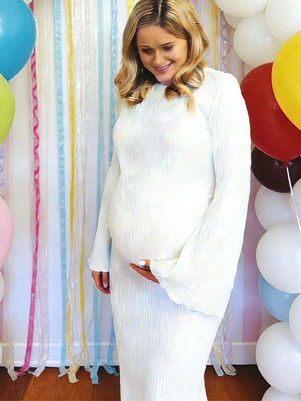 Casualwear- White Long Sleeves Bodycon Maternity Maxi Dress