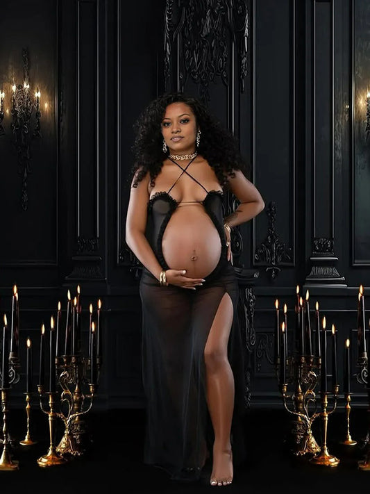 Crop-Mesh Sheer Cami Photoshoot Maternity Maxi Dress