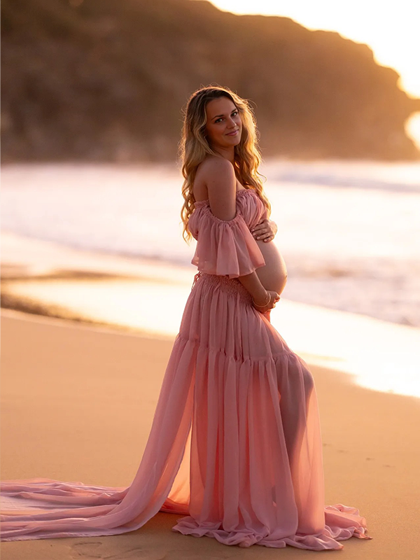 Crop-Pink Boho Two-Piece Ruffle Cap Sleeves Photoshoot Maternity Maxi Dress
