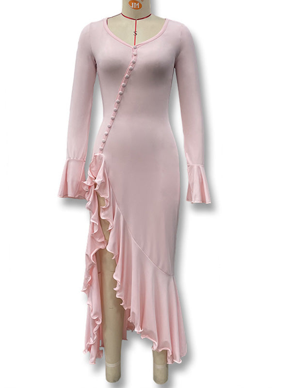 Chic-V-neck Bell-Sleeve Ruffled Slit Maternity Maxi Dress