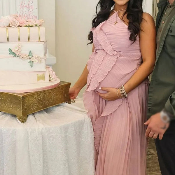 Chic-Pink Asymmetric Ruffle Pleated Maternity Maxi Dress