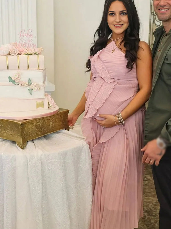 Chic-Pink Asymmetric Ruffle Pleated Maternity Maxi Dress
