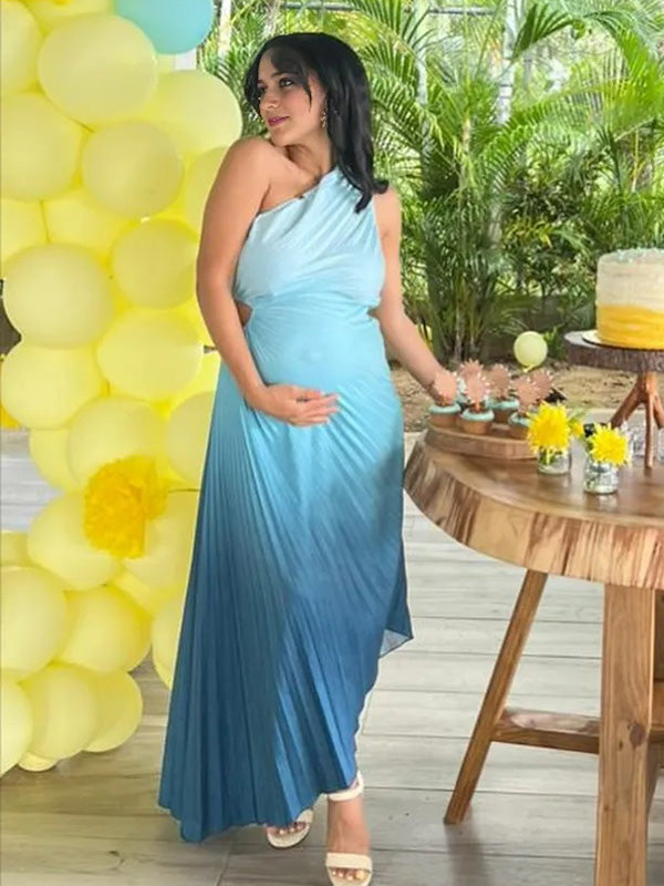 Chic-Blue Gradient Off-Shoulder Pleated Full-Skirt Maternity Maxi Dress
