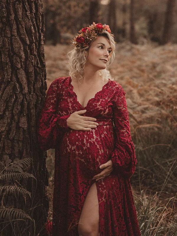 Lace- Boho Flare Sleeve Maternity Shoot Maxi Dress