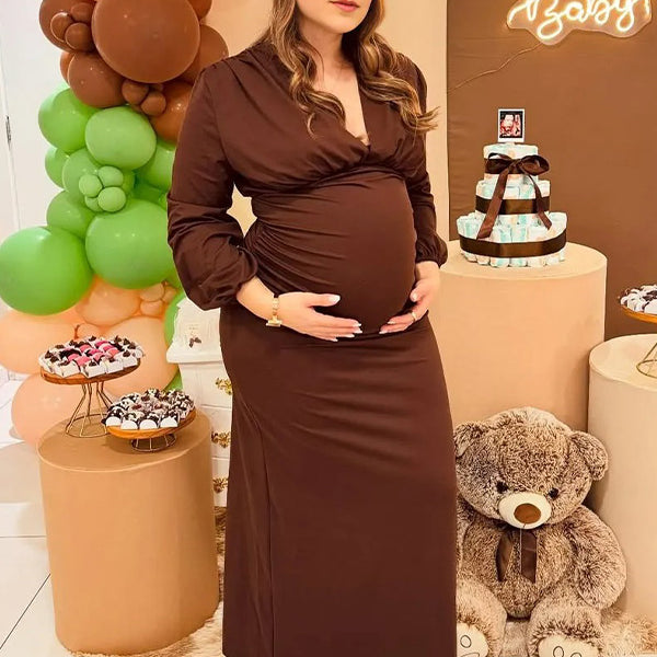 Chic-Brown Long Sleeve V-Neck Maternity Maxi Dress