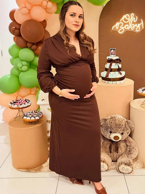 Chic-Brown Long Sleeve V-Neck Maternity Maxi Dress
