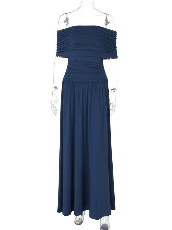 Casualwear-Off Shoulder Pleated  Maternity Maxi Dress