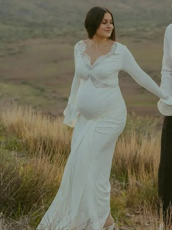 Chic- Lace Splicing V-Neck Sash Party Maternity Maxi Dress