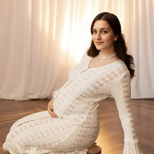 Casualwear-White Knit Ruffle Bodycon Maternity Maxi Dress
