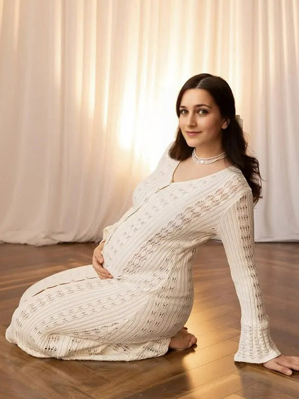 Casualwear-White Knit Ruffle Bodycon Maternity Maxi Dress