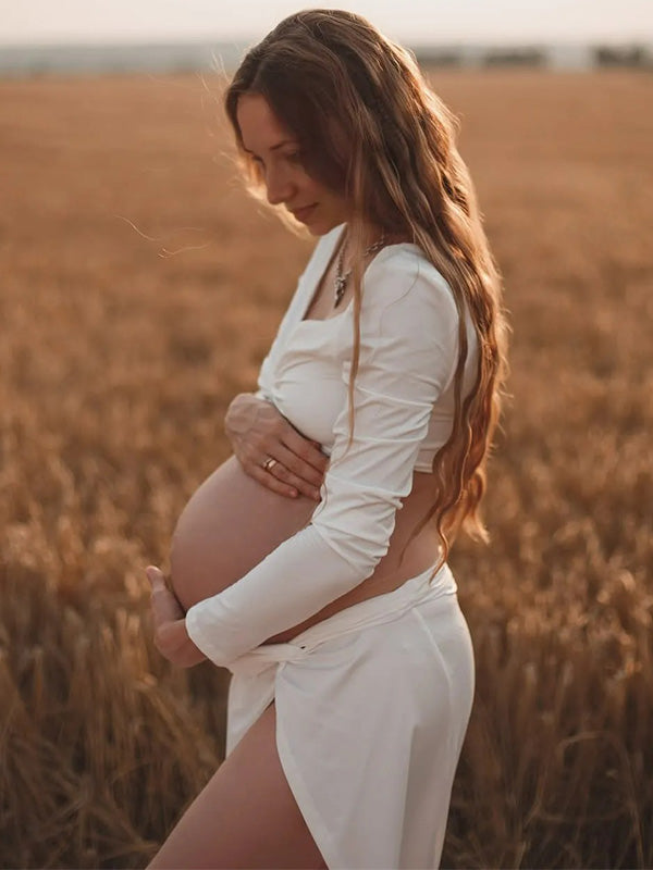 Crop-Two- Piece High Slit Backless Maternity Phootshoot Maxi Dress