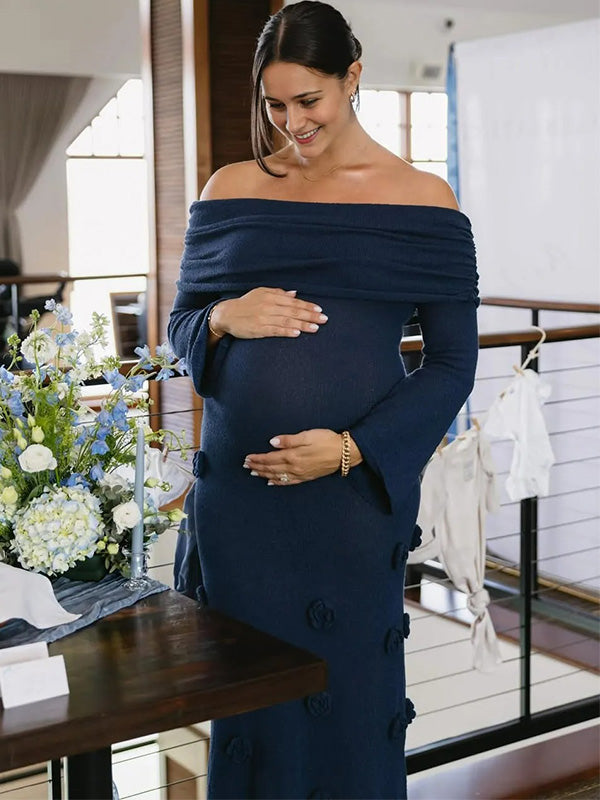 Chic- Blue One-Shoulder 3D Floral Long Slevees Knit Maternity Dress