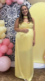 Chic-Light Yellow Off-Shoulder Pleated Maternity Maxi Dress