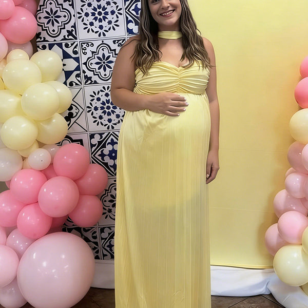 Chic-Light Yellow Off-Shoulder Pleated Maternity Maxi Dress