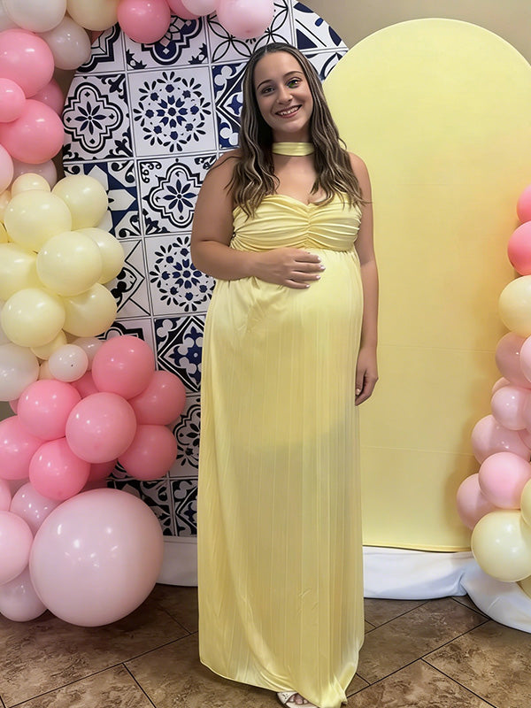 Chic-Light Yellow Off-Shoulder Pleated Maternity Maxi Dress
