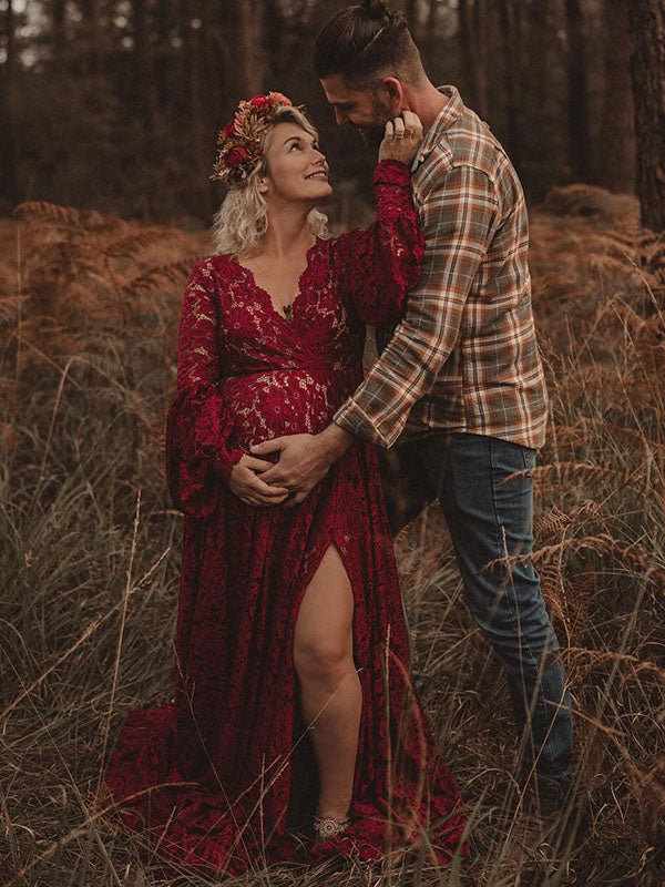Lace- Boho Flare Sleeve Maternity Shoot Maxi Dress