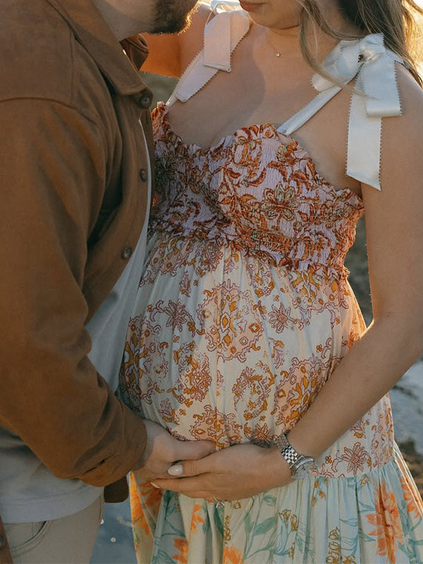 Casualwear- Vintage Floral Backless Baby Shower Photoshoot Maternity Maxi Dress