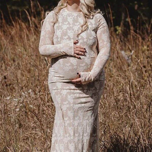 Lace-Long Sleeve Floral Mermaid Bodycon Maternity Maxi Dress