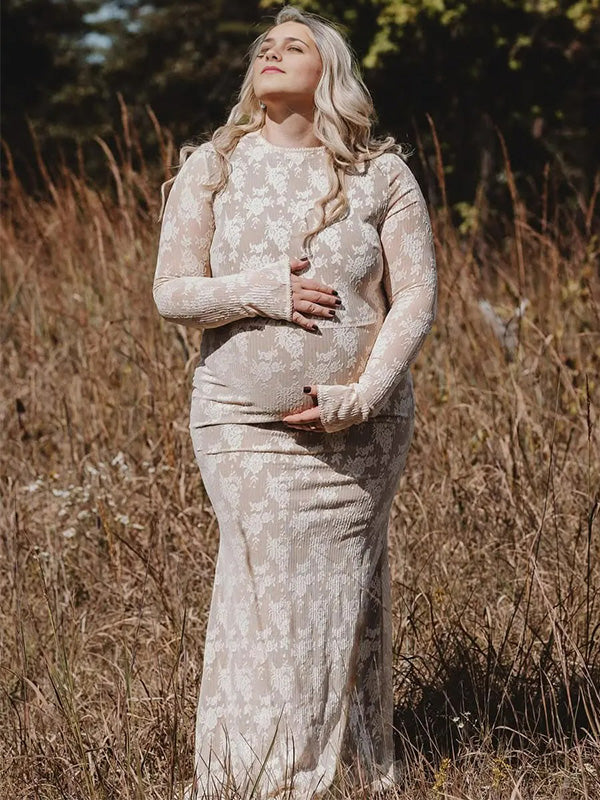 Lace-Long Sleeve Floral Mermaid Bodycon Maternity Maxi Dress