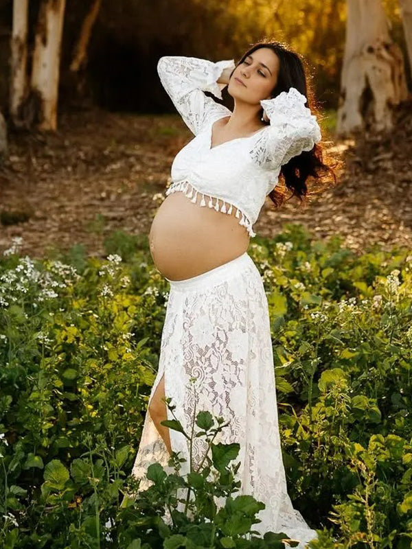 Lace-Boho Two-Piece Photoshoot Gown Maternity Shoot Maxi Dress