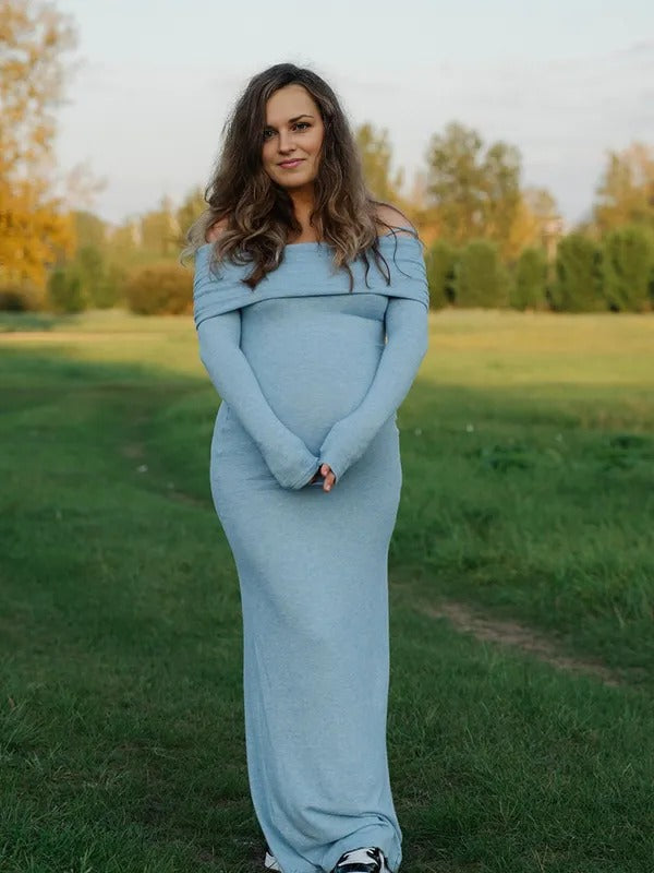 Chic- Off Shoulder Backless Bodycon Long Sleeve Maternity Maxi Dress